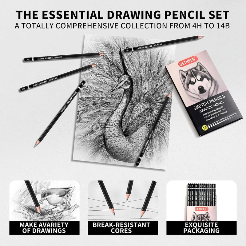 GETHPEN Professional Drawing Sketching Pencil Set - 14 Pieces Graphite Pencils(14B - 4H), Ideal for Drawing Art, Sketching, Shading, Artist Pencils for Beginners & Pro Artists - Image 5